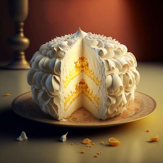 Dominican cake with yellow filling and white meringue frosting