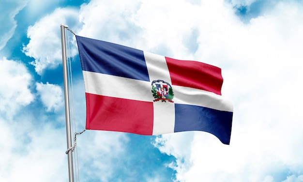 Dominican Republic flag waving on sky background 3D Rendering