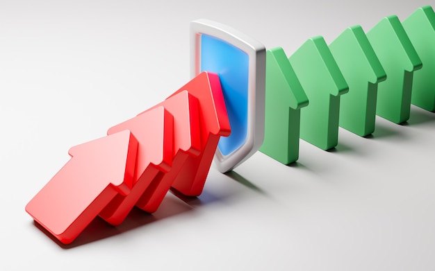 Domino effect Arrow up shield insurance insures losses or crisis in the company Insurance business