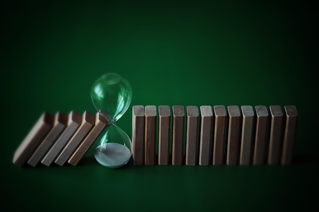 Domino effect concept with wooden tiles blocked by hourglass with background