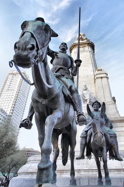 Don Quixote and Sancho Panza statue on Spain Square in Madrid