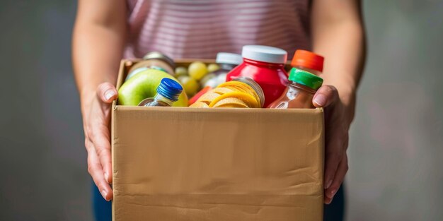 写真 食料品の箱を寄付して 困っている人たちを助ける