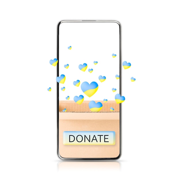 Photo donation box in a smartphone with hearts flying out of it in the form of the ukrainian flag