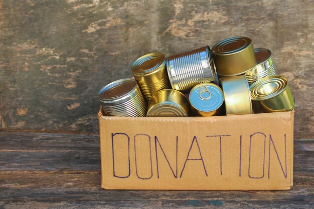 Photo donation box with different canned food