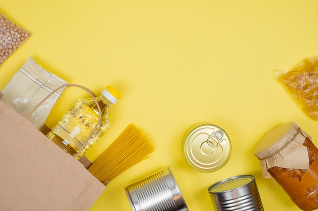 Donation box with various smart food. Paper bag. Food donations or food delivery service concept.