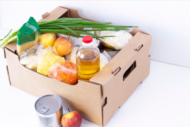 Donation. grocery box, help products to those in need. donation box. cardboard box with food essentials on a white background.