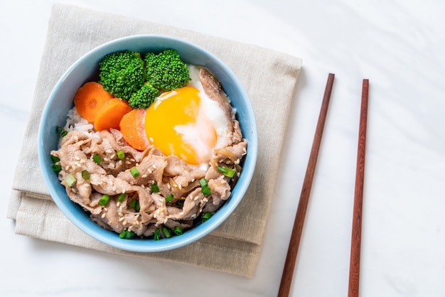 donburi, pork rice bowl with onsen egg and vegetable