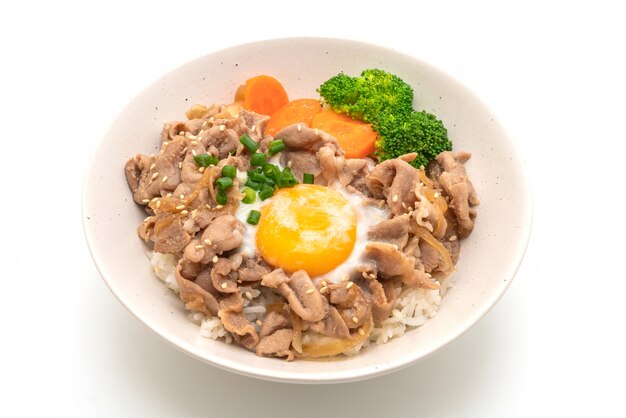 donburi, pork rice bowl with onsen egg and vegetable