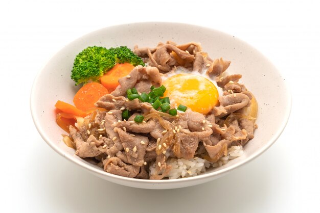 donburi, pork rice bowl with onsen egg and vegetable