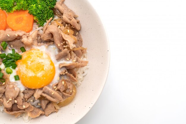 donburi, pork rice bowl with onsen egg and vegetable