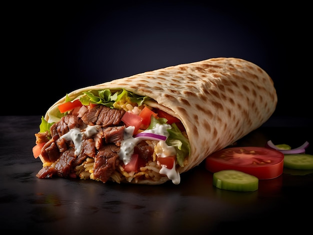 Doner kebab closeup on a dark background Ai generative