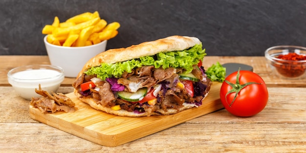 Doner Kebab Doner Kebap fast food meal in flatbread with fries on a wooden board panorama