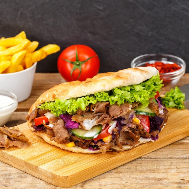 Doner Kebab Doner Kebap fastfood maaltijd in flatbread met frietjes op een houten bord vierkant