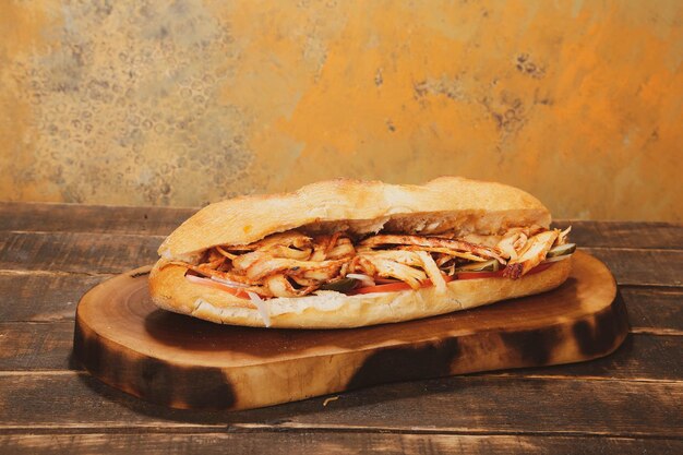Doner 케밥은 도마에 누워 있다 Shawarma와 고기 양파 샐러드는 짙은 오래된 나무에 놓여 있다