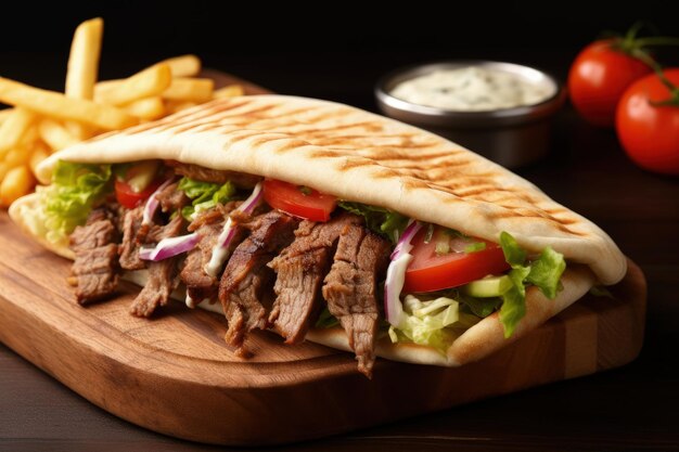 Döner kebab op een houten bord met frietjes copyspace