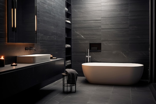 Donker badkamerinterieur met zwarte houten muren, witte badkuip