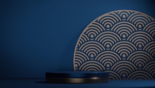 Donker blauwe geometrische achtergrond Japanse stijl podium blauw concept 3D-rendering