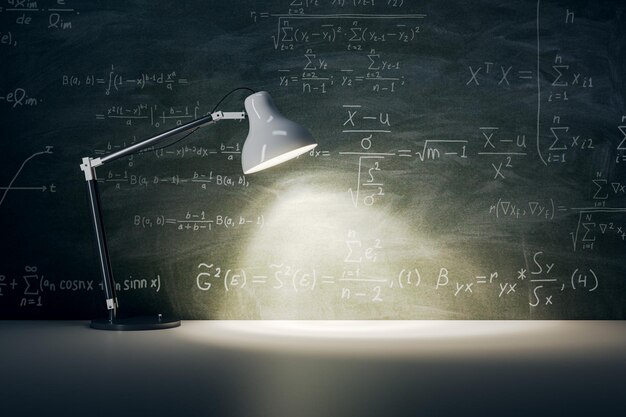 Donker bord met wiskundige formules achtergrond met plaats voor productpresentatie verlicht door witte tafellamp 3D rendering mockup