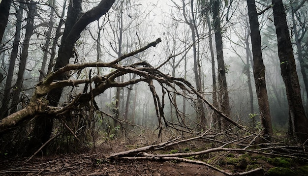 Donker bos met dode bomen in mist Droge gebroken takken Mystisch landschap Mystieke sfeer