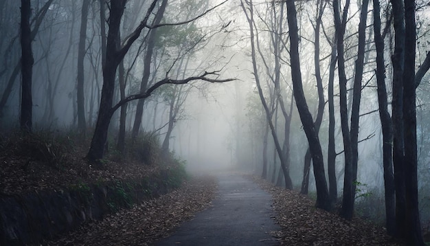 Donker bos met dode bomen pad in mist Mysterieus horror landschap Mystieke atmosfeer