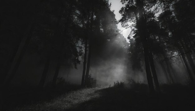 Foto donker bos met mist bomen in de ochtend licht mystieke plaats