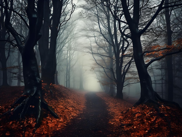 Donker bos met mist en prachtige kleuren vaag bos Weg of pad door dichte boombos