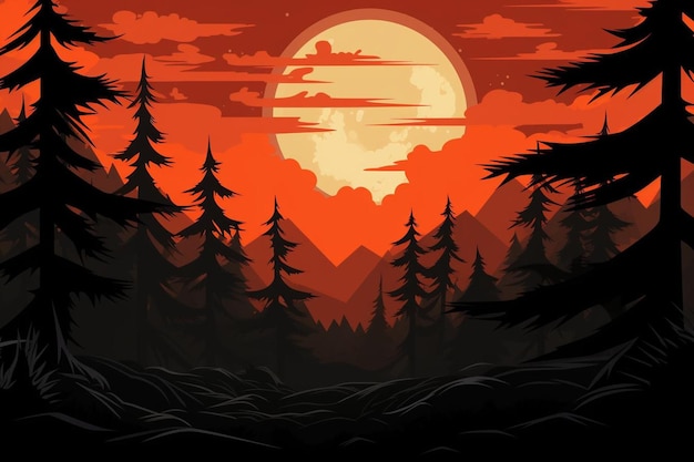 Donker bos met oranje achtergrond