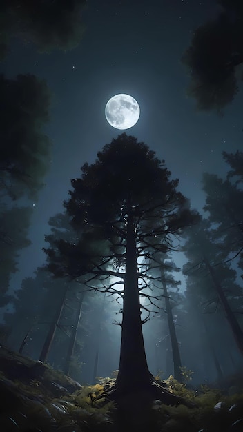Donker bos onder de maan nacht landschap behang achtergrond