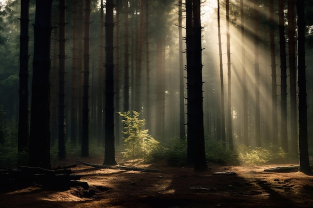 Donker boslandschap met lichtstralen die door bomen filteren