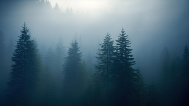 Donker dennenwoud gehuld in mist.