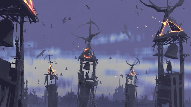 Donker fantasieconcept mensen die de klok luiden op de toren tegen vogels die in de avondlucht vliegen, digitale kunststijl, illustratie, schilderkunst