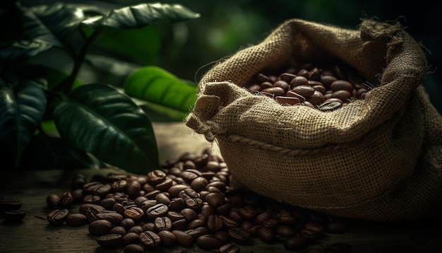 Donker gebrande koffiebonen in jutezak, perfect voor cafeïneverslaving gegenereerd door AI