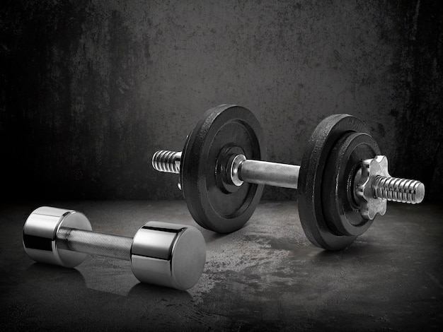 Donker gyminterieur met stalen dumbbells