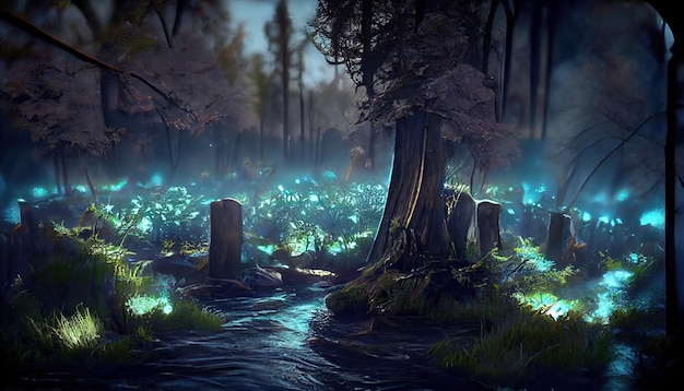 Donker nachtbos met een magisch portaal naar een buitenaardse wereld met groen gras en zwarte boomstammen 3d illustratie