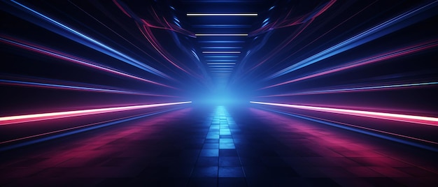Donker ondergronds tunnelinterieur met blauwrode neonlichten