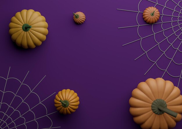 Donker paars violet 3D illustratie herfst herfst Halloween thema product display podium stand achtergrond of behang met pompoenen en spinnenwebben fotografie horizontale plat lag bovenaanzicht van bovenaf
