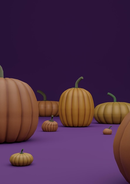 Donker paars violet 3D illustratie herfst herfst Halloween thema product display podium stand achtergrond of behang met pompoenen verticale productfotografie van kant met plaats voor product
