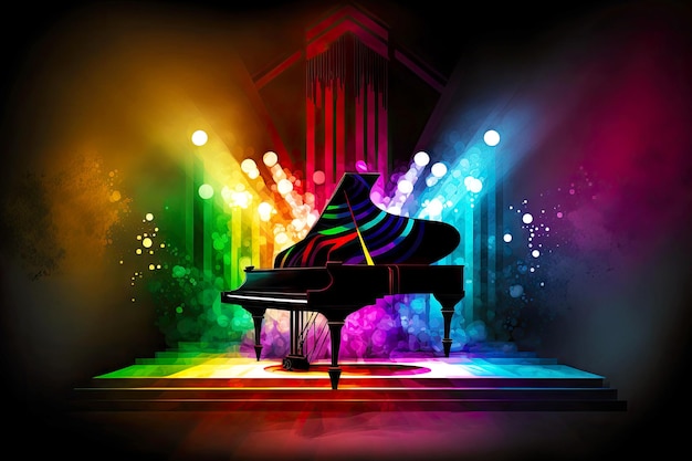 Donker podium met kleurrijke lichten en vleugelpiano abstracte digitale afbeelding als achtergrond