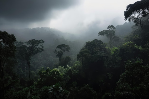 Donker regenwoud met uitzicht op bladerdak en mistige lucht