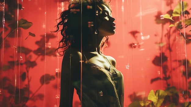 Donker silhouet van een vrouw die bij bloemen staat achtergrond verlicht door rood licht Creatieve kunstfoto