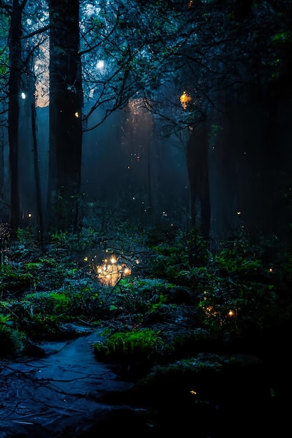 Donker sprookjesachtig fantasiebos Nacht boslandschap met magische gloed Abstracte bos magische fantasie nachtlichten neon 3D illustratie