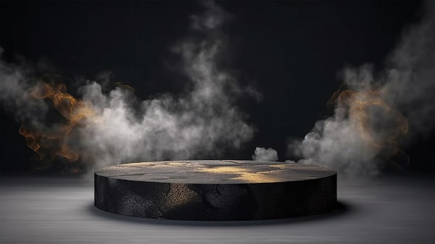 Donker stenen podium voor display productpresentatie met rook 3d voetstuk ontwerp illustratie Generatieve Ai