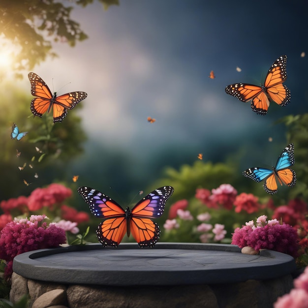 Donker stenen podium voor productvertoning in de tuin met kleurrijke vlinders
