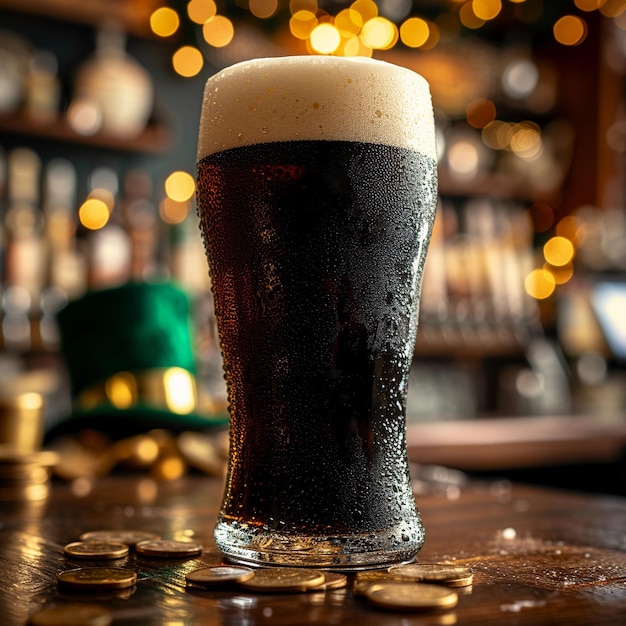 Donker stout bier in een Ierse pub met St Patrick's Day decor groene hoed gouden munten AI gegenereerd