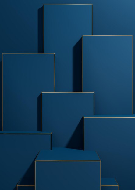 Donkerblauw 3D minimale geometrische achtergrond productweergave gouden lijnen luxe producten behang