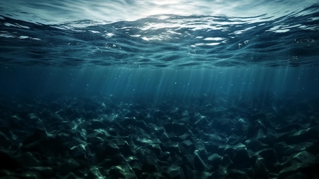 Donkerblauw oceaanoppervlak gezien vanaf onderwater Abstracte golven onder water en stralen die doorschijnen