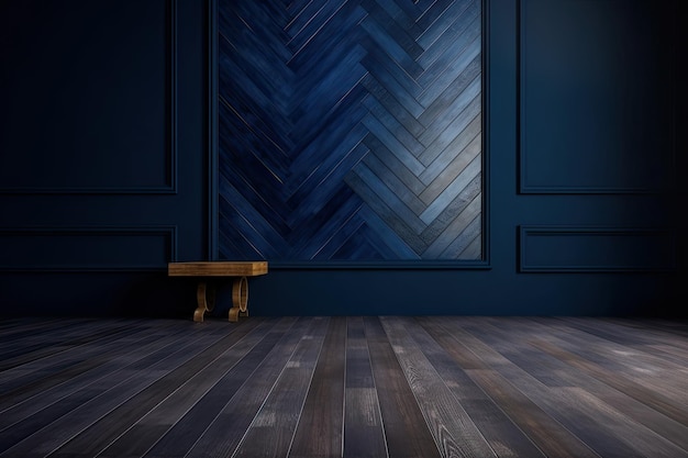 Donkerblauwe achtergrond met houten vloer voor een klassieke en tijdloze uitstraling