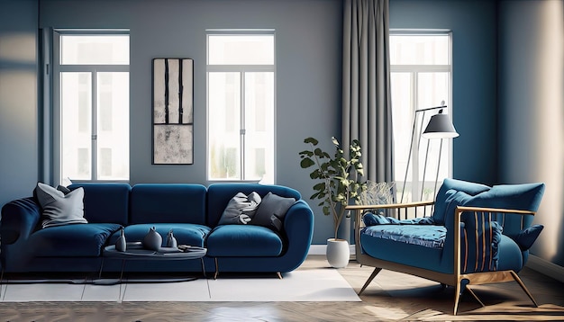 Donkerblauwe bank en fauteuil in Scandinavisch appartement Interieurontwerp van moderne woonkamer