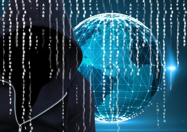 Foto donkerblauwe jumper hacker met uit gezicht voorgrond aarde achtergrond binaire code