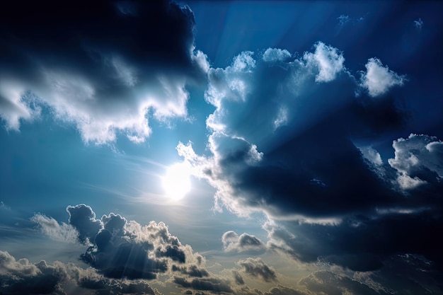 Donkerblauwe lucht met piekerige wolken en een glimp van de zon